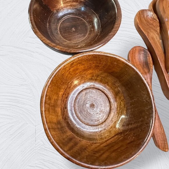 Sheesham Hand-Crafted Wooden Bowls Matching Spoons Set Of 4 With Floral Inlay De - Picture 14 of 16